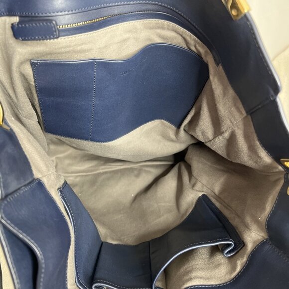 Times Arrow Large Navy Blue Leather Tote Bag Gold Hardware /White Accent - Picture 5 of 9